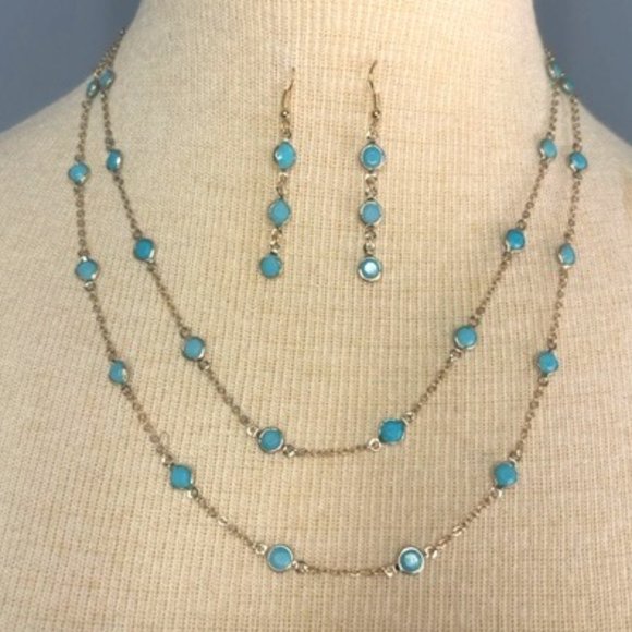 Turquoise & Gold-Plated Double Strand Necklace w/ Matching Earrings - Picture 1 of 11
